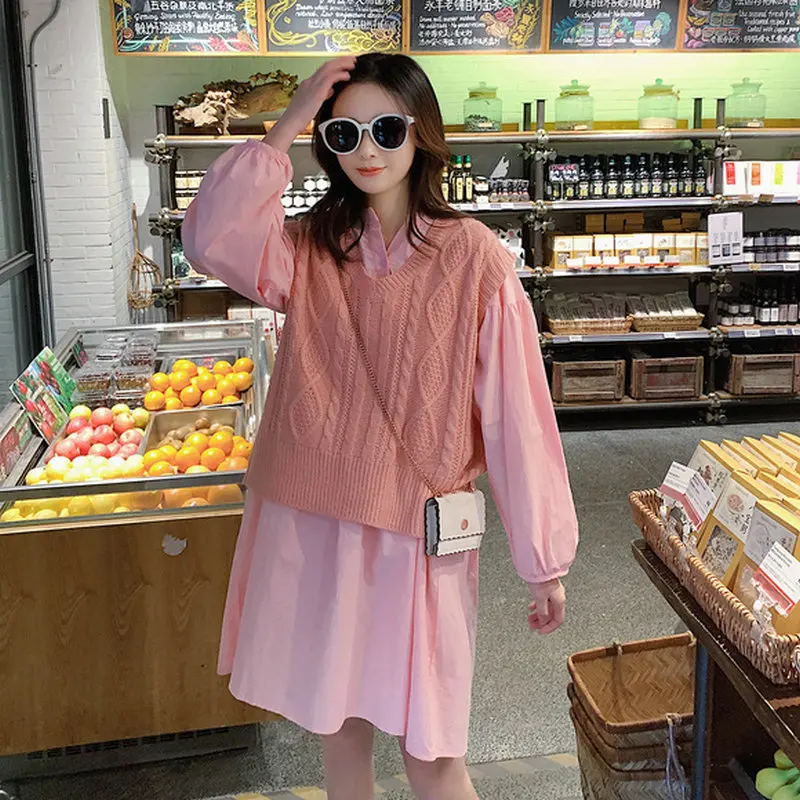 

Pink Knitted Vest And Ovesize Shirtdress 2 Pieces Suit Set Woman Waistcoat And Dress Two Piece Set Ensemble Femme Outfits Spring
