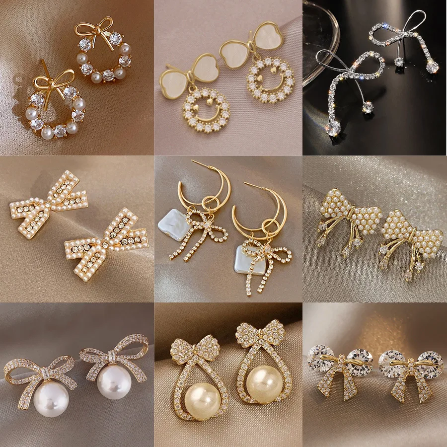 2021 Chic Imitation Pearl Bowknot Earrings for Women Cute Korean Jewelry Elegant Rhinestone Butterfly Party Accessories Gifts | Украшения и