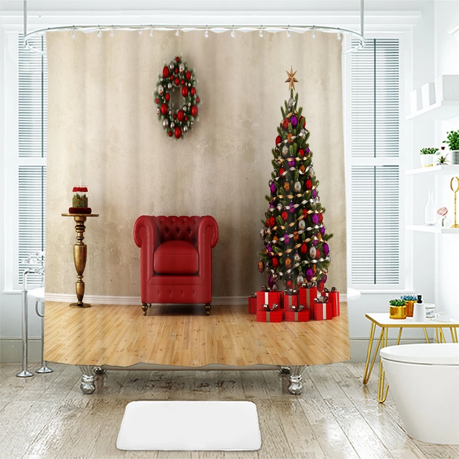 3d Рождественские занавески для душа пианино и подсвечник Дерево Узор водонепроницаемый утолщенные занавески для ванной комнаты Настраиваемые