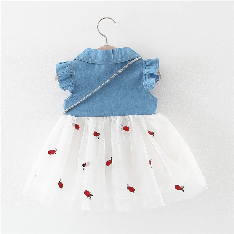 Kids Baby Girls Princess Dress Girls Fancy Denim Dress Free Bag/Hat Summer Infant Lovely Party Birthday Baptism Mesh Dress