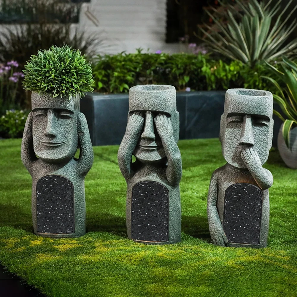 

See Hear Speak No Evil Garden Easter Island Statues Creative Garden Resin Sculpture Outdoor Decoration Stone Home Decor Gnome