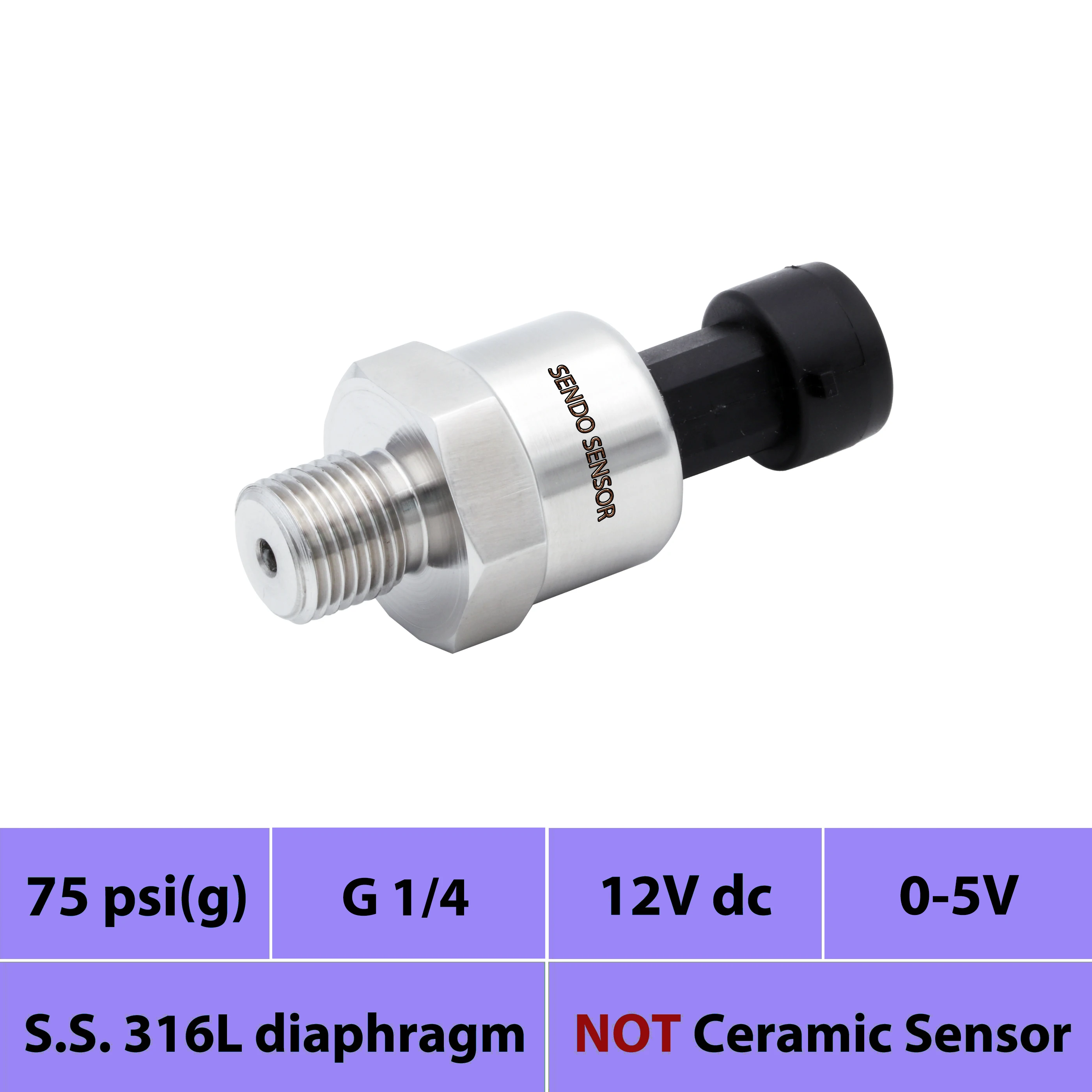 

pressure transducer 0 to 75psi gauge 0 5V signal, G1 4 in thread, S.S. 316L diaphragm, 12V, 24V dc, packard, IP65, low cost
