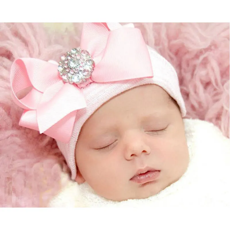 Newborn Hospital Beanie Hospital Hat Pink Baby Girl Hat Pink Bowknot Beanie Comfy First Bow Bling Baby Beanie Baby shower gift
