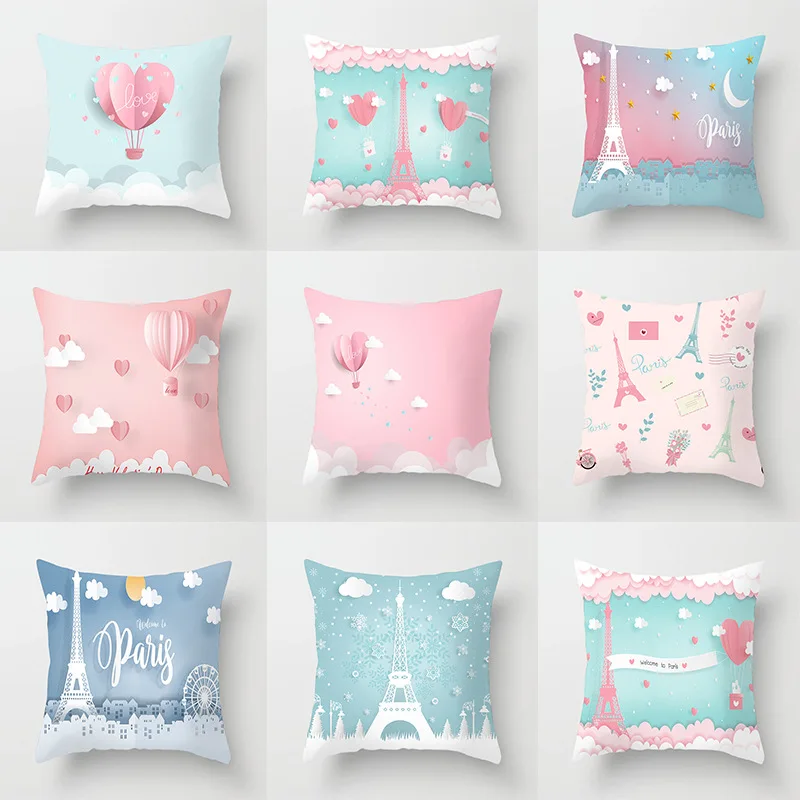 Pillow Cushion Cover Romantic Paris Eiffel Tower Pillow Cover Pink Blue Valentine Romance Cartoon Throw Pillow Cover Sofa Couch