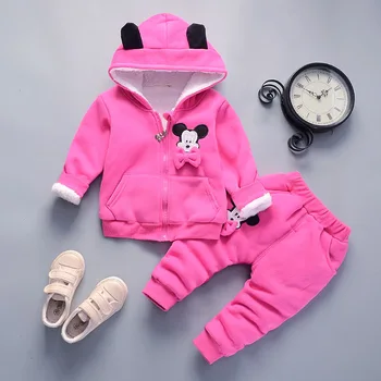 

Winter Baby Girls Thickening Bow Sets Children's Sweet Plus Velvet Long Sleeve 2pcs Suit Combed Cotton Coat Cartoon Hooded Full