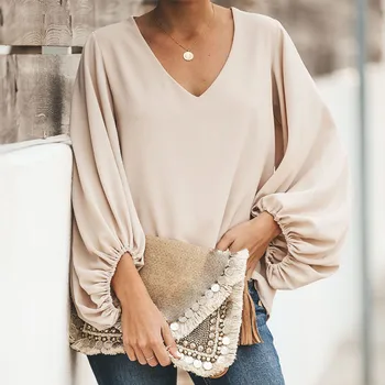 

Women's Chiffon Lantern Long Sleeve Blouse Spring Fashion V Neck Plain Loose Ladies Female Blouses 2020 Casual Cozy Ladies Tops