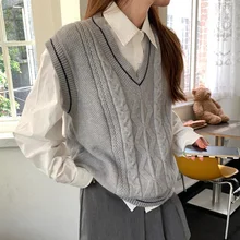 

HOUZHOU Korean Style Sweater Vest Women Autumn Vintage Preppy Style V-neck Loose Casual Sleeveless Knitted Sweaters Kawaii Girls