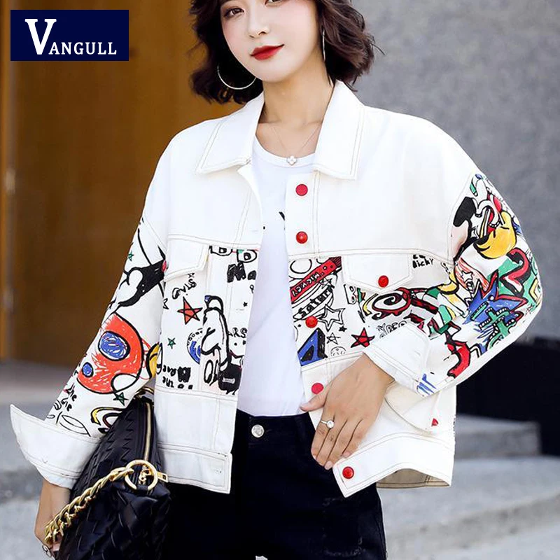 

Vangull Short Print Graffiti Denim Jacket Women Spring Single Breasted Jean Coat Loose Long Sleeve Turn-down Collar Lady Jacket