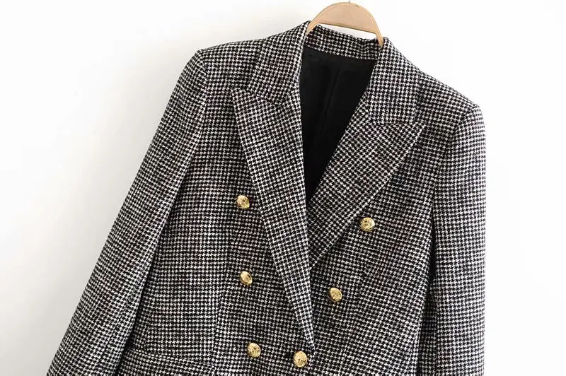 England women blazer elegant office lady Houndstooth Za blazer women outwear long sleeve double breasted female jacket blazer