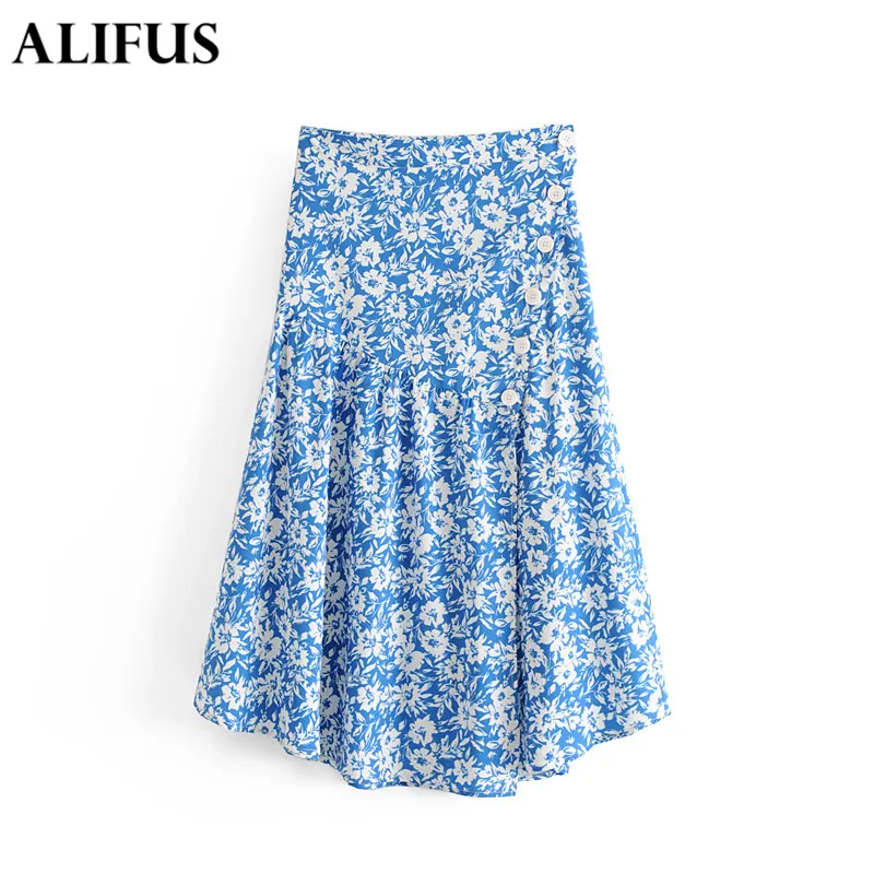 

Fashion Za Women Floral Print Pleated Split Skirt Faldas Mujer Elastic Waist Female Casual Ankle Length Skirts