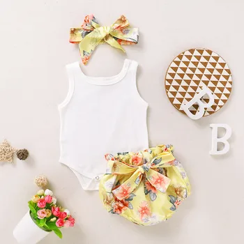 

Baby clothes Summer casual Infant Baby Girls Solid Bodysuit+Floral Shorts+Headbands Outfits Set Kids' things jumpsuit