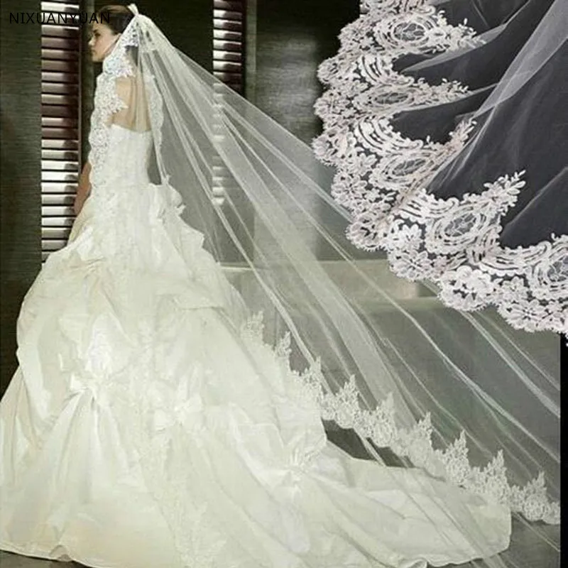 

Lace Edge 3 Meter Ivory White Luxury Cathedral Wedding Veil Hot Sale Wedding Accessories Long Bridal Veils Velos De Novia