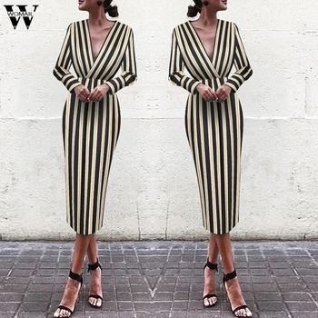 

Womail Dress Women elegant Stripe Print 2020 Casual V Neck Full Sleeve Dress Office Bandage Long Dress Splicing Party holiday