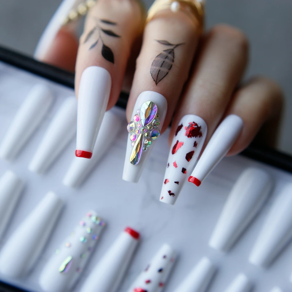 Luxury White Coffin False Nails Red Outline French Rhinestone Fake Nails Box Press On Nails Ballet False Nails Aliexpress