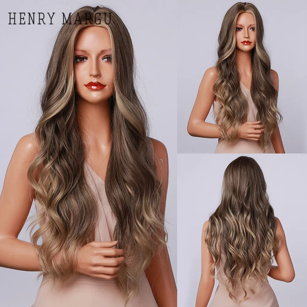 Hot Item Wavy Wigs Highlight Ash-Blonde Henry Margu Brown Synthetic Long Women Middle-Part Heat-Resistant WGwgrJE7Jy3
