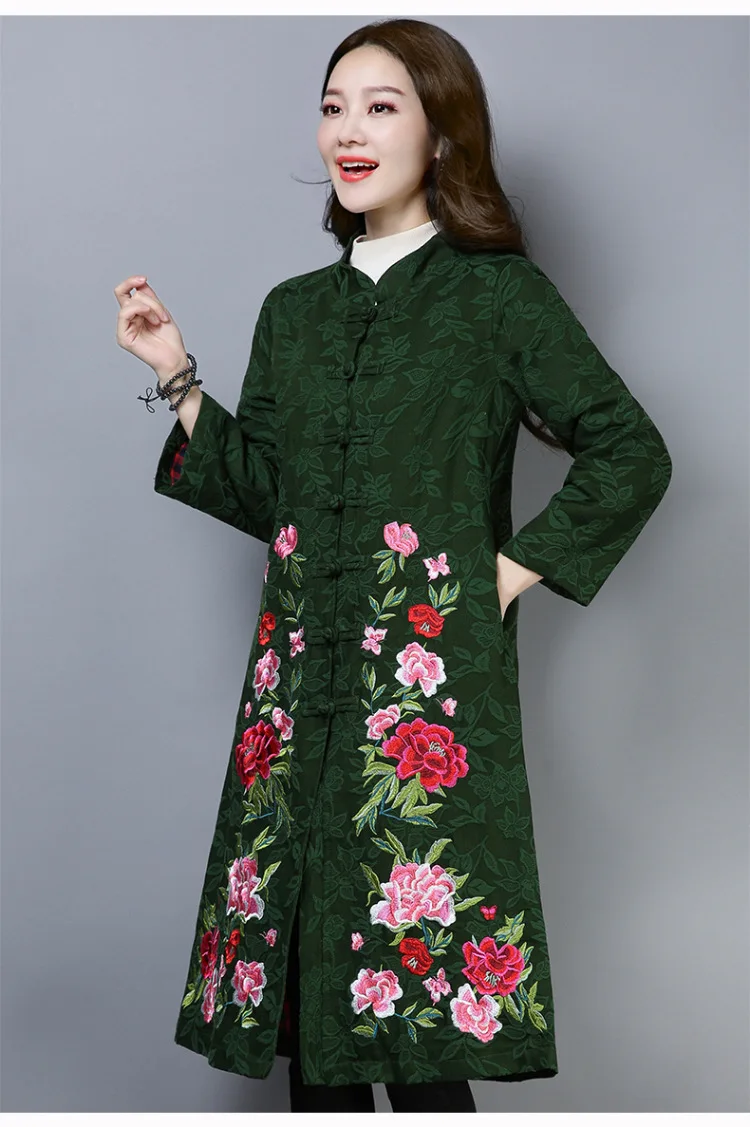 Autumn And Winter New Style Retro National Wind Embroidered Jacquard Mid-length Cardigan Trench Coat Cotton Linen Coat Women's