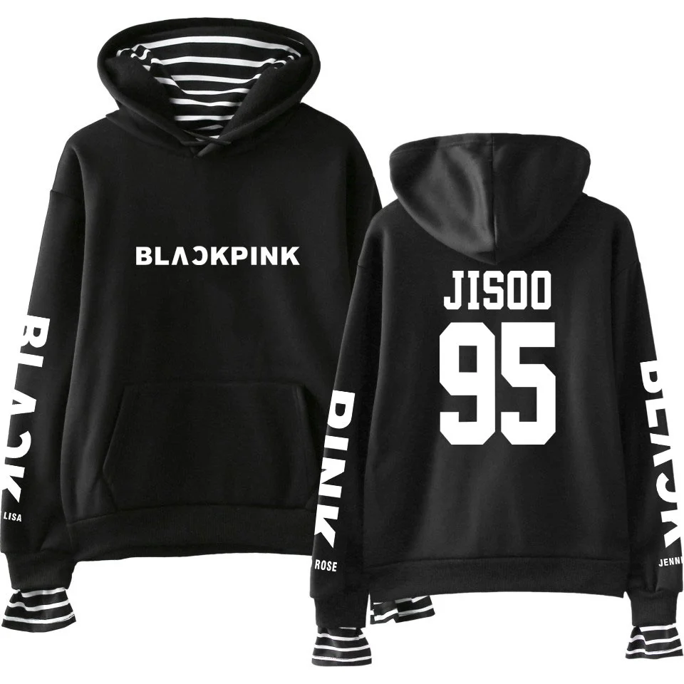 Black 95 JISOO kpop Harajuku черно-розовые повседневные свободные поддельные два предмета толстовки с длинным рукавом корейский стиль толстовки высокое качество Sudadera - Цвет: Black 95 JISOO