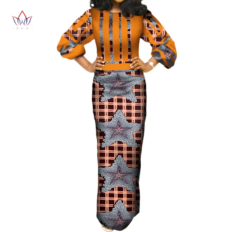 BRW летние африканские хлопковые платья для женщин с О-образным вырезом длинное платье Bazin Riche Макси платье с длинным рукавом Размер Pius WY3387