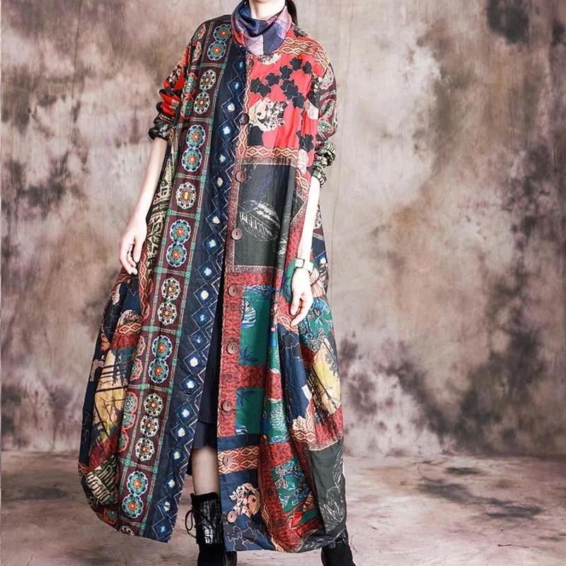 

VKBN Spring Autumn Trench Coat for Women Full Sleeve O-Neck Single Breasted Windbreaker Women Fashion Print Pattern Indie Folk