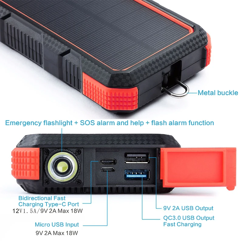  24000mAh Solar Power Bank Type C PD 18W QC3.0 Fast Charging USB Solar Charger Powerbank External Ba