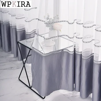 

Window Stitching Embroidery Curtain for Living Room Pearl Sheer Curtain for Bedroom Soft Tulle Drape Grey Bottom Curtain S464#40