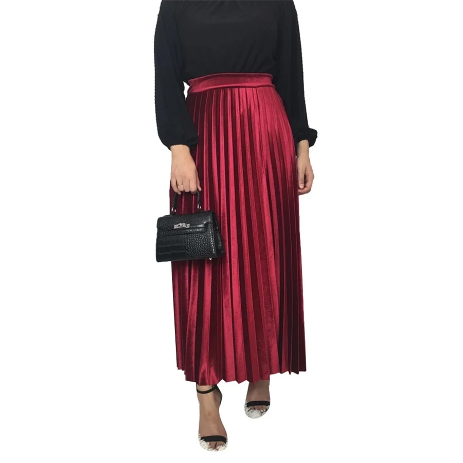 Siskakia, однотонная бархатная плиссированная юбка, длинная, Осень-зима, мусульманские женские макси юбки, модные, 6 цветов, юбка длиной до лодыжки, осенняя