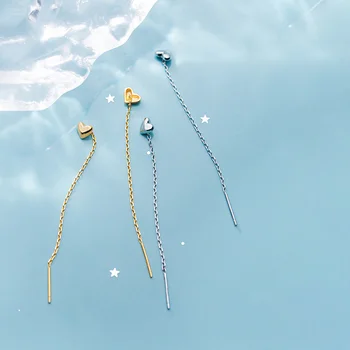 

925 Sterling Silver Golden Love Heart Pendant Drop Dangle Earrings for Women Gold Color Ear Line Chain Femme Tassel Jewelry Gift