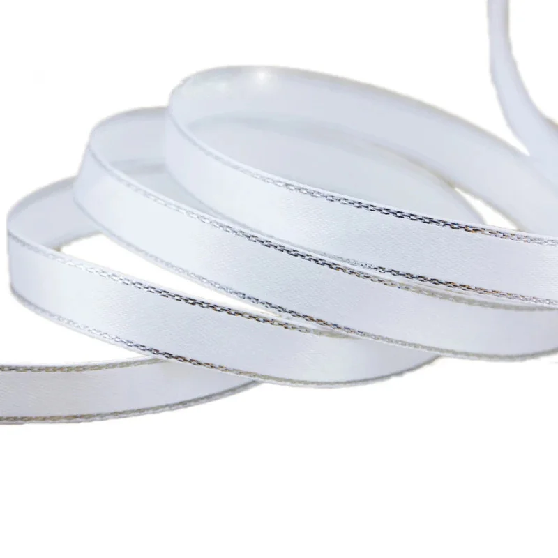 Tanio (25 jardów/rolka) biały ze srebrnymi krawędziami wstążka satynowa hurtownia prezent wstążki sklep