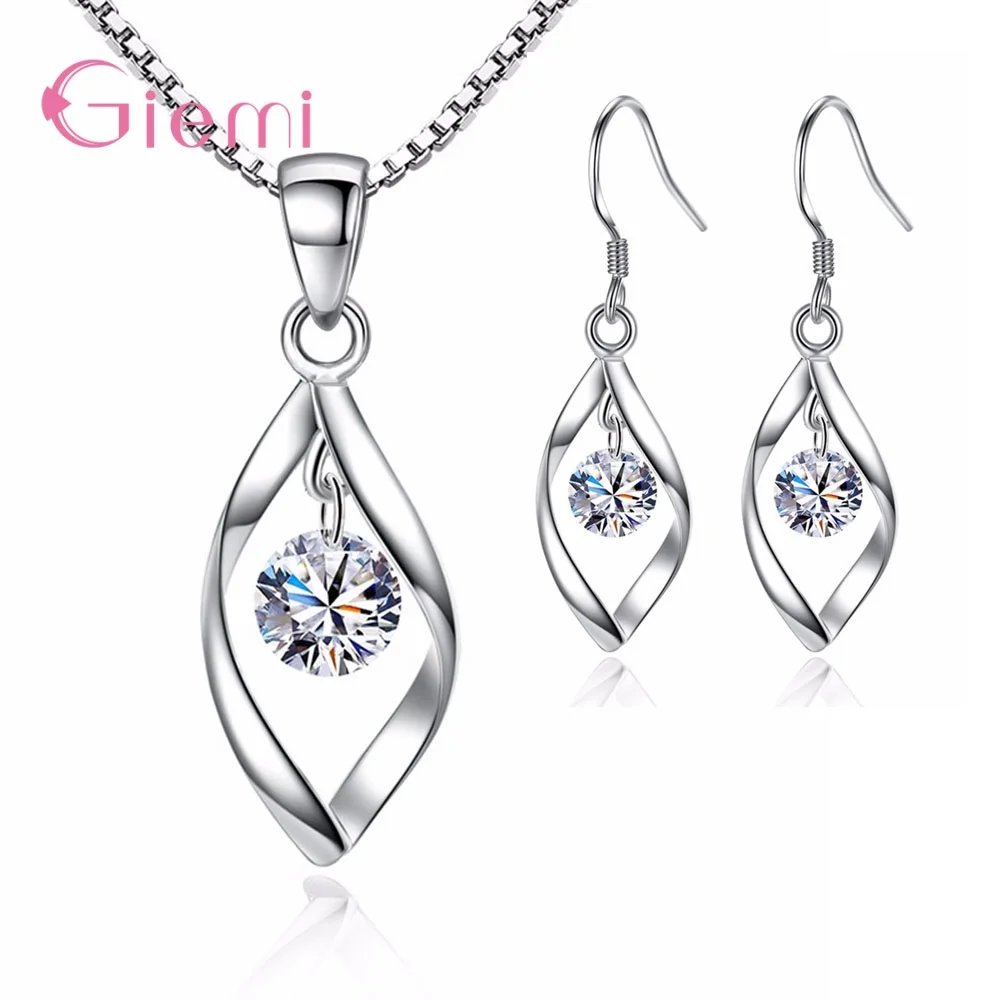 Free Shipping Authentic 925 Sterling Silver Sets Sweet Twist Shape Crystal Aaa Cubic Zirconia