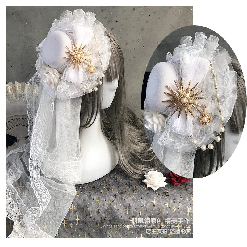 

Original Gothic Lolita Apollo Flower Wedding White Billycock Dark Veil Headdress Rose Hair Accessories