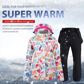 

Women Waterproof Ski Jacket Colorful Snowboard Jacket and Bib Pants Suit Korean Style Ladies Windproof Ski Suit for Outdoor