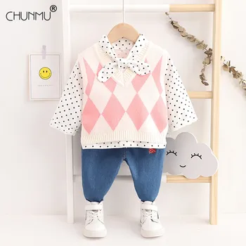 

Girls' Clothing Sets Autumn Sweet Polka Dot Long Sleeved Knitted Vest T-shirt Pants Set Baby Kids Clothes Suit Children Clothing