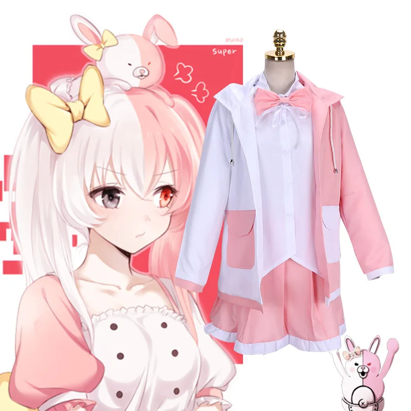 

Anime Danganronpa Monomi Cosplay Costume Pink Long Wig Bear Toy JK School Uniform