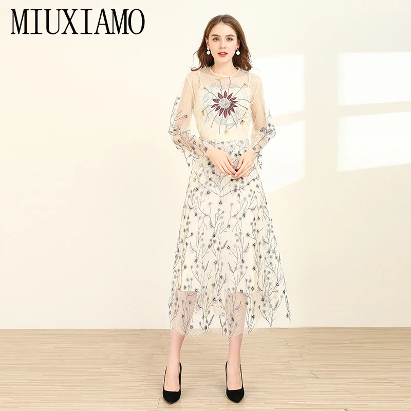 MIUXIMAO, высокое качество,, весеннее платье с цветочной вышивкой, роскошное, длинный рукав, элегантное, розовое, длинное платье для женщин, vestidos