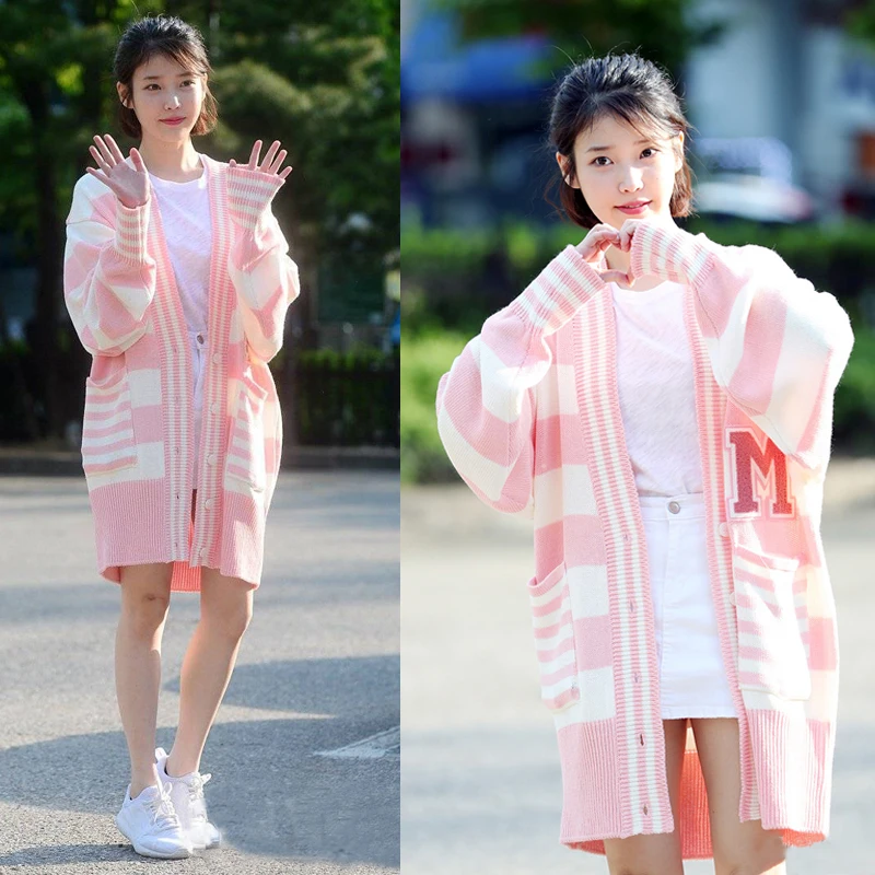 ^Cheap kpop IU Lee Ji Eun same Pink long sweater coat female knitted cardigan sweater women 2019 winter streetwear warm V-neck sweater ^Cheap kpop IU Lee Ji Eun same Pink long sweater coat female knitted cardigan sweater women 2019 winter streetwear warm V-neck sweater
