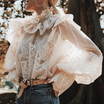 

Vintage Ruffle Lace Female Blouse 2020 Summer Stand Collar Lantern Sleeve Apricot Shirt Elegant Loose Womens Tops and Blouses