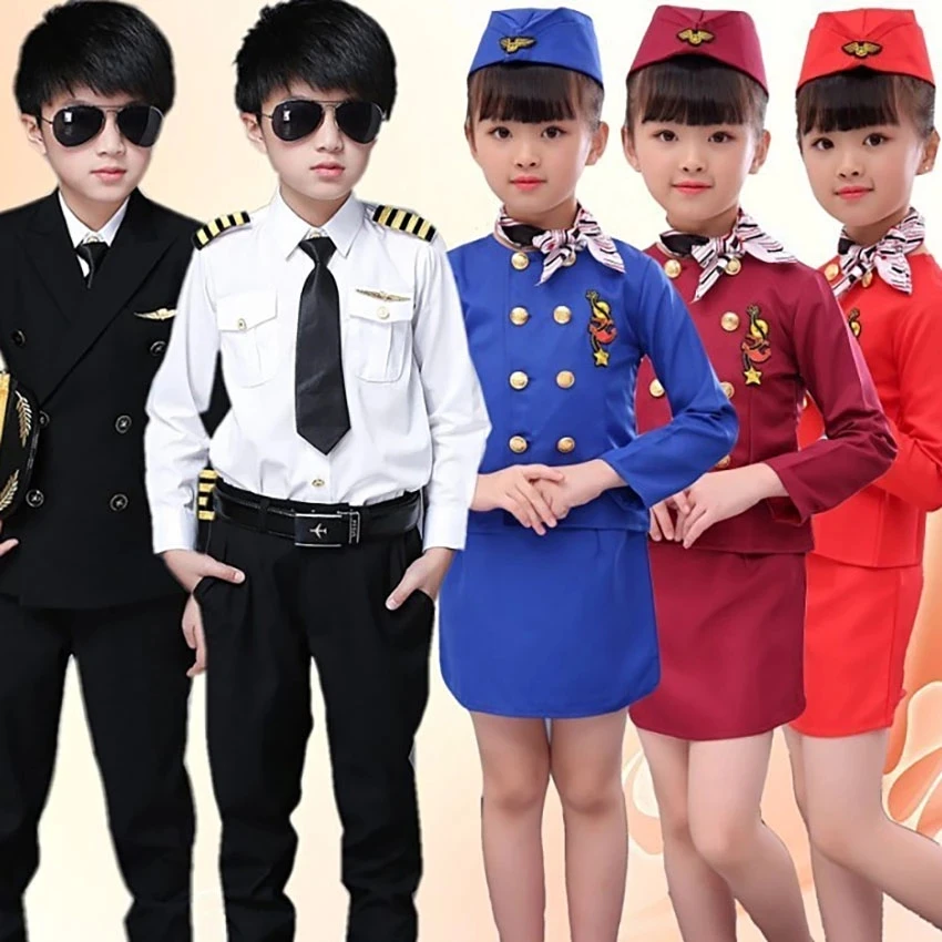 Pilot Uniform Stewardess Cosplay Disguise Captain Aircraft Halloween Costumes for Kids Military Uniforms Anime Party |