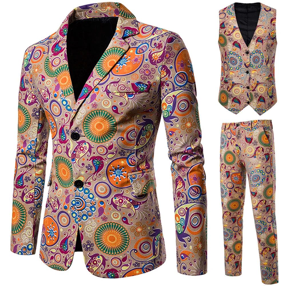 

New Chinese Style Print Suit Men Banquet Stage Singer Wear 3 Pieces Set Slim Fit Wedding Tuxedo (Jacket + Vest + Pants)