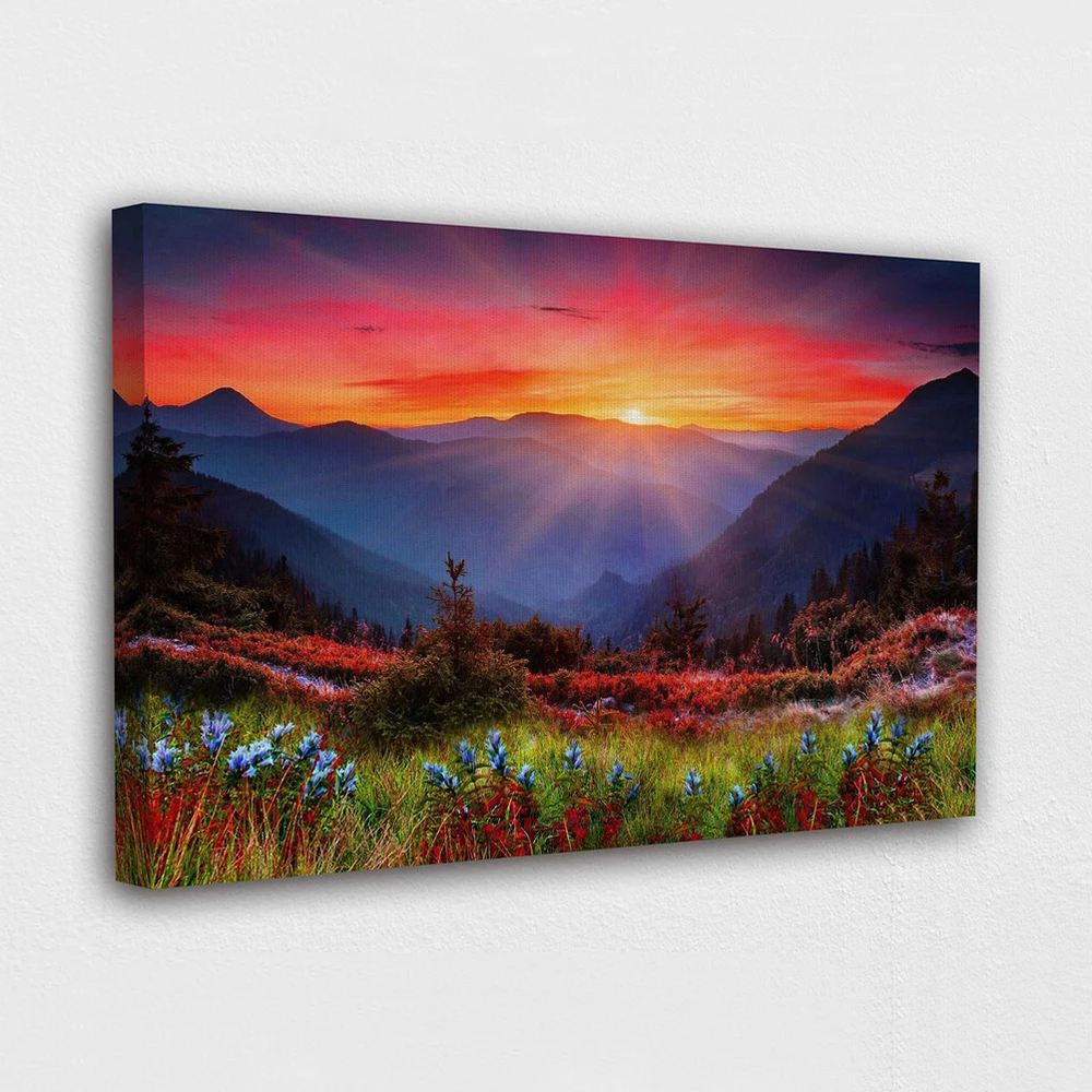 Home Decor Wall Art Sunset Mountain Landscape Poster Printed Flowers