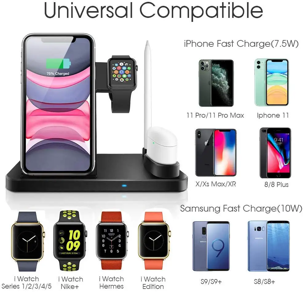 DCAE Беспроводная зарядная станция Док-станция для Apple Watch 5 4 3 2 Airpods iWatch 10 Вт быстрая Qi зарядная подставка для iPhone 11 Pro XS XR X 8