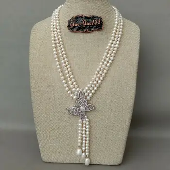 

21'' 3 Strands White Pearl Necklace CZ Pendant