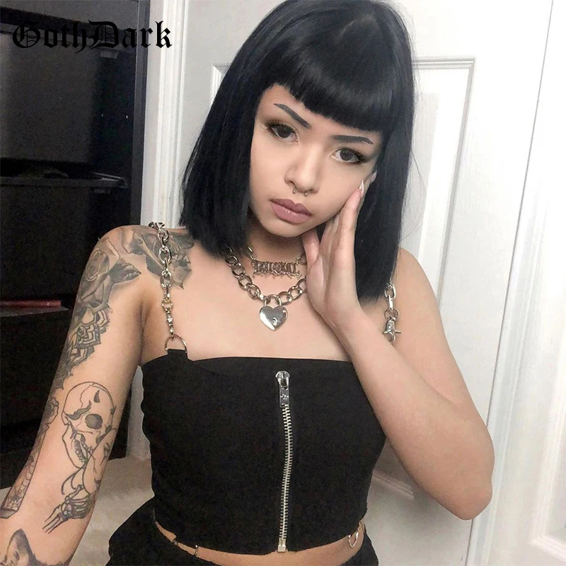 Goth Dark Balck Vintage Grunge Women Cropped Tops Harajuku Chain Strap Zipper Backless Hip Hop Female Camis Y2k Egirl Emo Chic Buy At The Price Of 9 58 In Aliexpress Com Imall Com