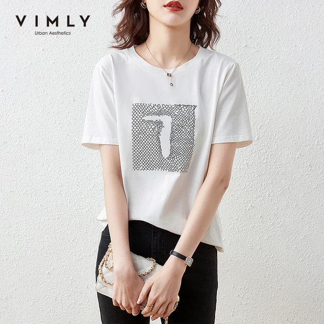 VIMLY Summer Women Tshirts Casual Round Neck Cotton Tops 2021 Fashion New Printed Loose T-Shirts Female Harajuku Clothes F7290 2