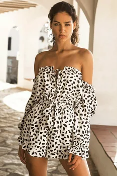 

2020 New Sexy Women Summer Off Shoulder Playsuit Ruffles Dot Bandage Long Sleeve Jumpsuit Short Pant