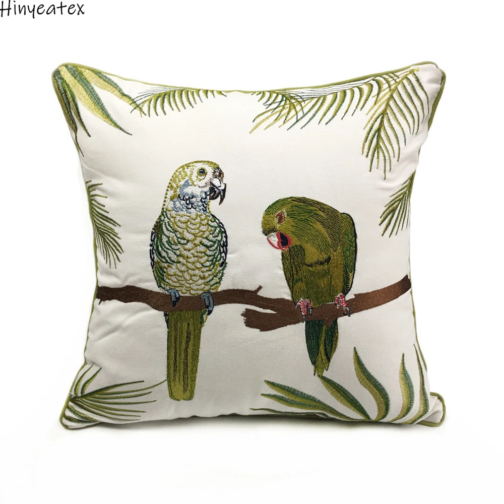 Deluxe Embroidery Parrots Plant Designer Pillow Cover Sofa Cushion Bird