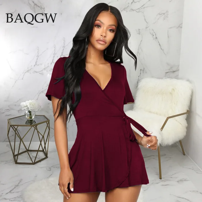 

Женский плиссированный комбинезон в стиле ретро, элегантный повседневный однотонный комбинезон с коротким рукавом, V-образным вырезом и шнуровкой, на весну-осень