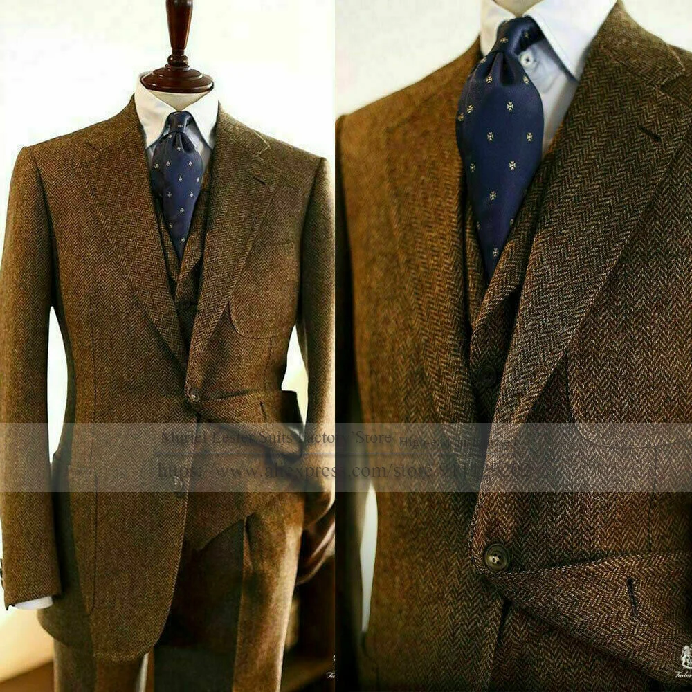 Mens Blazer Wedding-Suit Tuxedo Pant Terno Brown Male Single-Breasted Tweed 3pieces