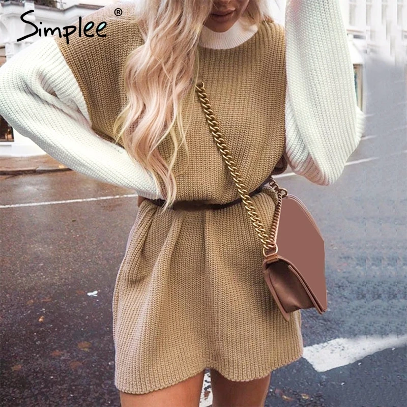 

Simplee Turtleneck patchwork sweaters Women lantern sleeve color block pullover khaki pink sweater Autumn winter long sweater