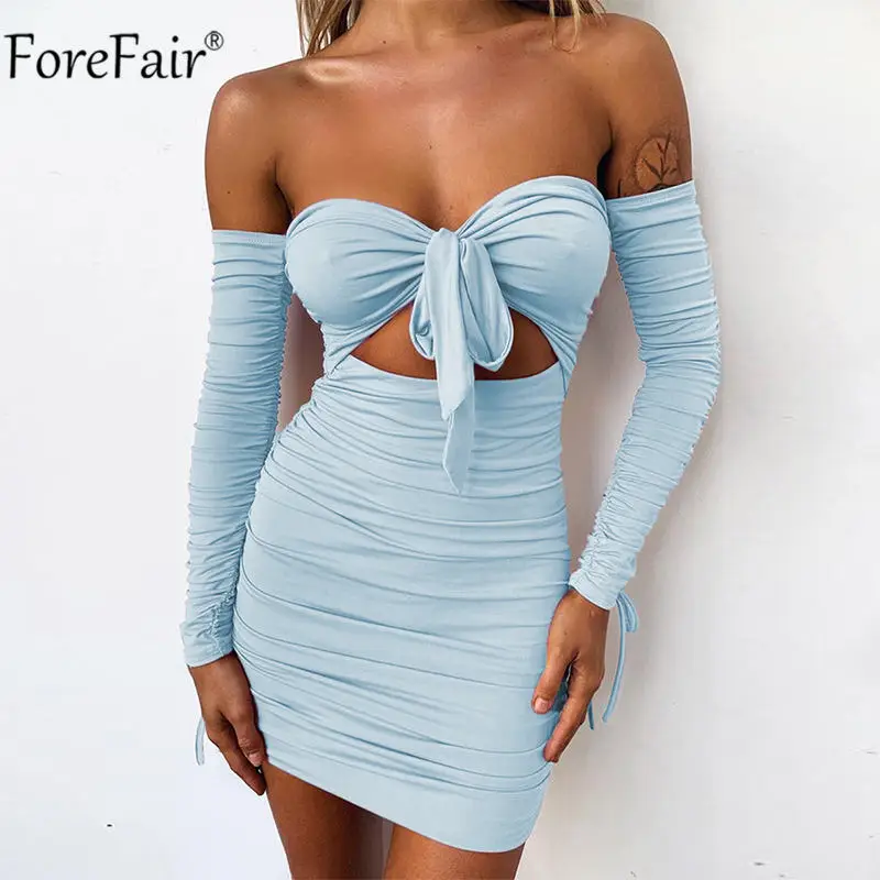 

Forefair Backless Ruched Bow Off Shoulder Mini Dress Bodycon V Neck Women Autumn Winter Strapless Long Sleeve Sexy Dress Club