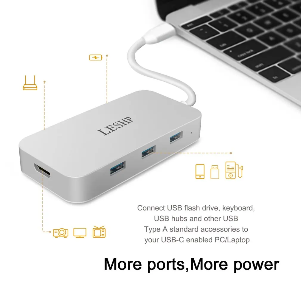 LESHP алюминиевый белый тип-c к USB-3.0 3 портовый концентратор RJ45 гигабитный HDMI 4 к PD зарядка цифровой AV конвертер адаптер